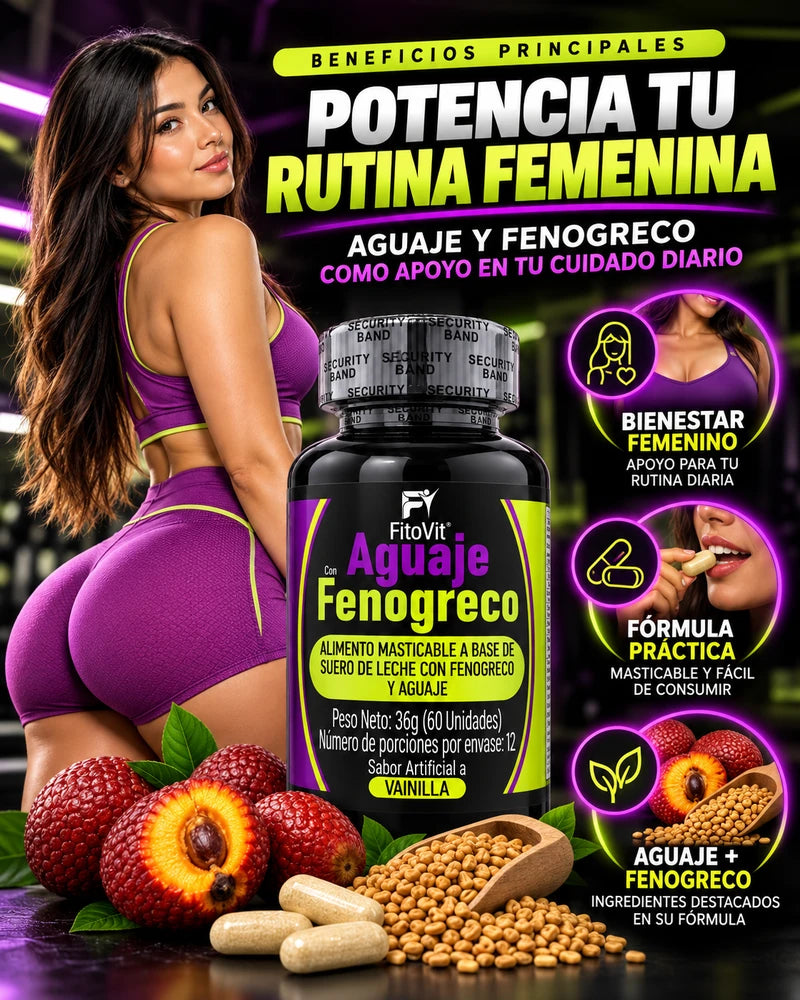 Imagen promocional de Aguaje y Fenogreco FitoVit: presentación y rutina de autocuidado, con diseño morado y lima