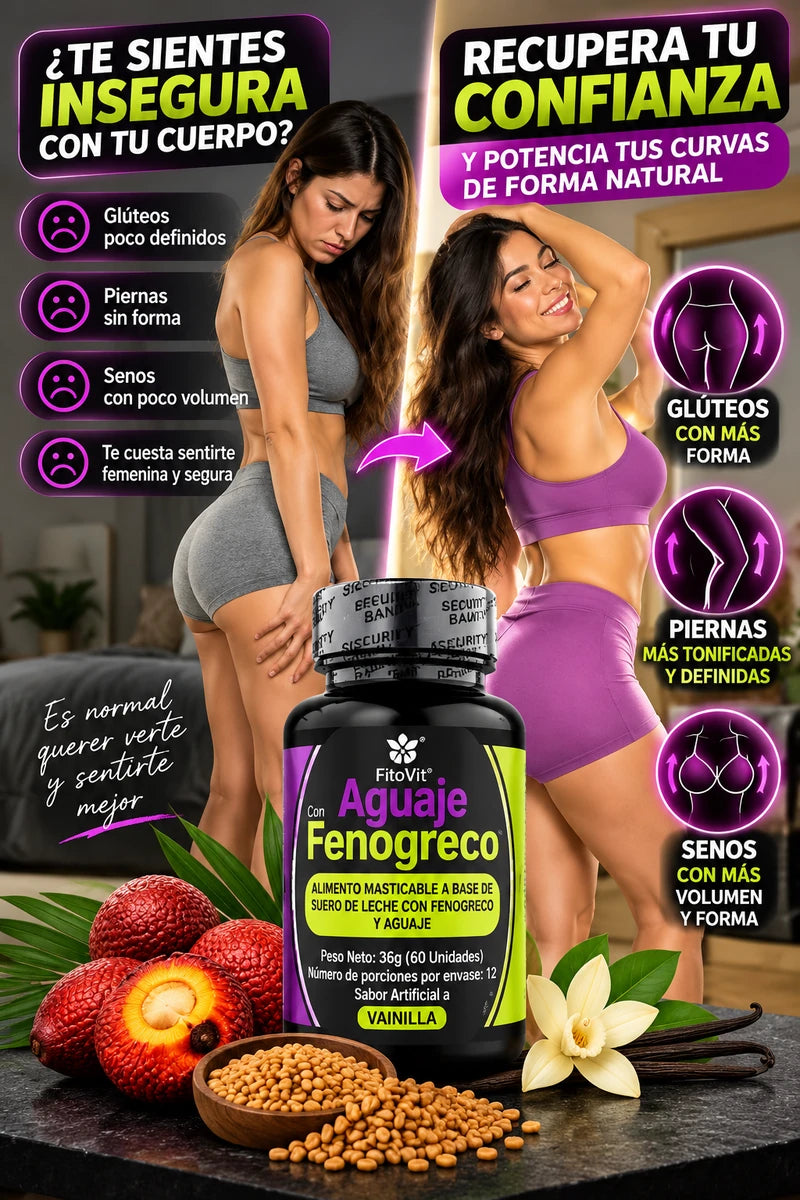 Arte promocional de Aguaje con Fenogreco FitoVit proporcionado por el usuario, en tonos morado y lima