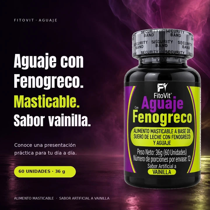 Aguaje con Fenogreco FitoVit: frasco original de 60 masticables sobre fondo morado